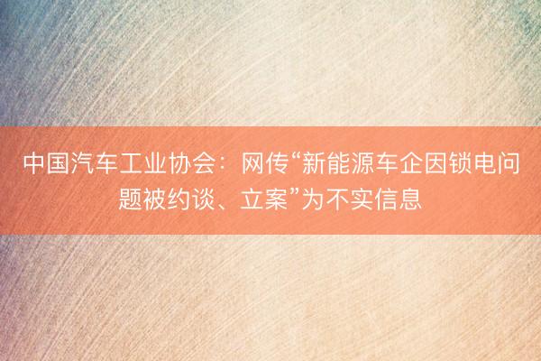 中国汽车工业协会：网传“新能源车企因锁电问题被约谈、立案”为不实信息